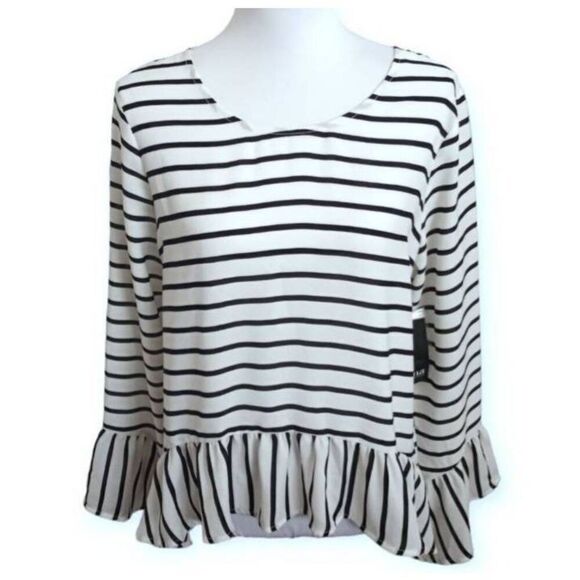 A.N.A A NEW APPROACH BLACK & WHITE STRIPE RUFFLE BLOUSE SZ.M NWT. - Picture 2 of 6